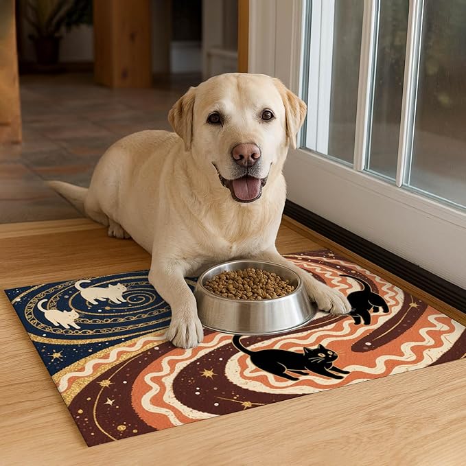 Pet Feedings Mats 20x12 inch Black Cat Design Pet Bowl Placemat Non Slip Mat for Cats Food and Water Indoor Kitty Feeding Station Artistic Cats Meal Mat for Small Pets Kitchen Floor Use