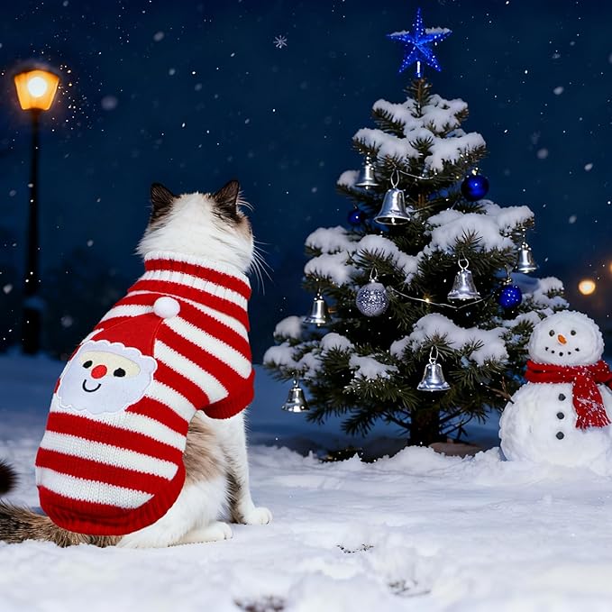 Cat Dog Christmas Sweater Pet Winter Warm Coat Pajamas Small Dog Sweaters Christmas Santa Sweater for Large Cats Small Dogs (Santa, L)