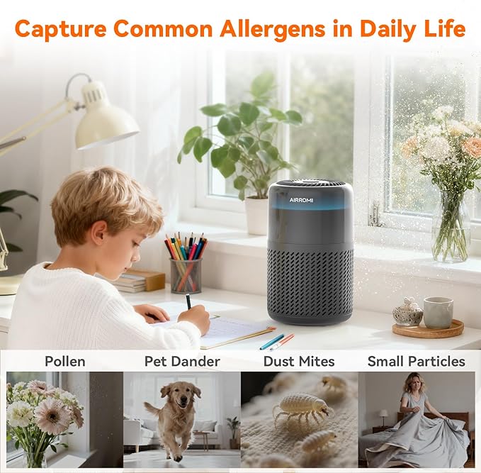 AIRROMI HEPA Air Purifier for Bedroom&Home,Pet Air Purifier for Home Pets,Removes Pet Odor,Cat Litter Smell,Dust,Smoke&Allergies,Quiet Room Air Purifier with Scents,360°Air Cleaner,A2005 Black