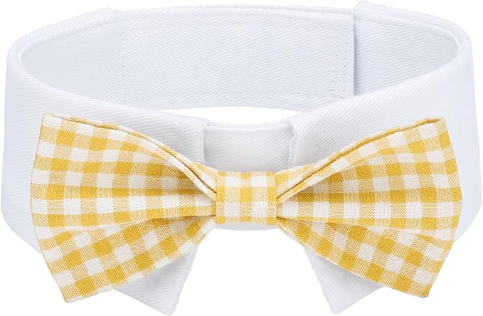 Segarty Dog Bow Tie, Adjustable Yellow Plaid Bowtie Collar for Neck Girth 10.2-12.6in, Medium Neck Tie Tuxedo Comfortable Cotton Boy Pet Grooming Accessory for Formal Wedding Holiday Birthday Party