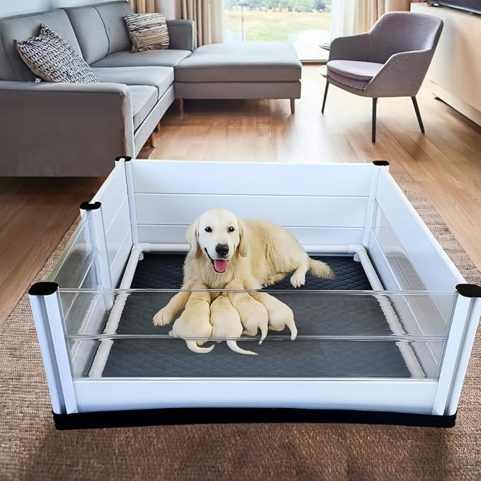 Whelping Box for Dogs and Puppies with Clear Window Panel – Modular, Easy-Clean, Safe Design with Pig Rail, Floor Liner & Washable Pad | UC Barkley Premium 48 Inch
