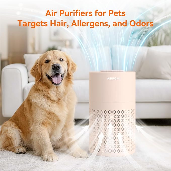 AIRROMI Air Purifier for Bedroom with HEPA 3-in-1 Filter, Pet Air Purifier for Home Cat Pee Smell, Covers Upto 990 Ft², Quiet 360°intake Air Cleaner for pet hair,allergies,Dust,Smoke A2001 Orange