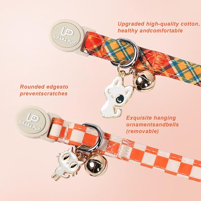 Cat Collar-2Pack Autumn Orange Plaid Kitten Collars-Halloween Plaid Breakaway Kitty Collars-Cute Kitty Pendants,Yellow Orange Grid Cat Collar with Bell, for Girl & Boy Cats