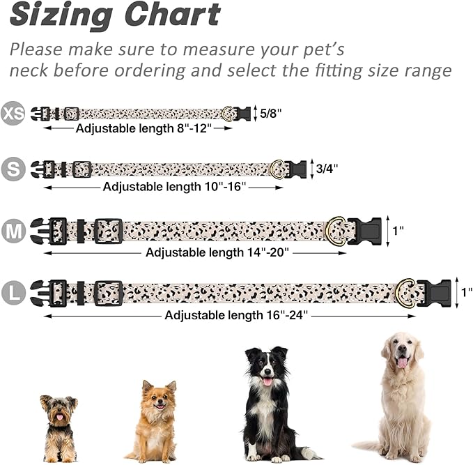 Reflective Dog Collar for Extra Small Dogs, Cute Leopard Style Adjustable Heavy-Duty Nylon Puppy Collar for Boy and Girl Female, Soft Pet Accessories with Quick Release Buckle, Beige