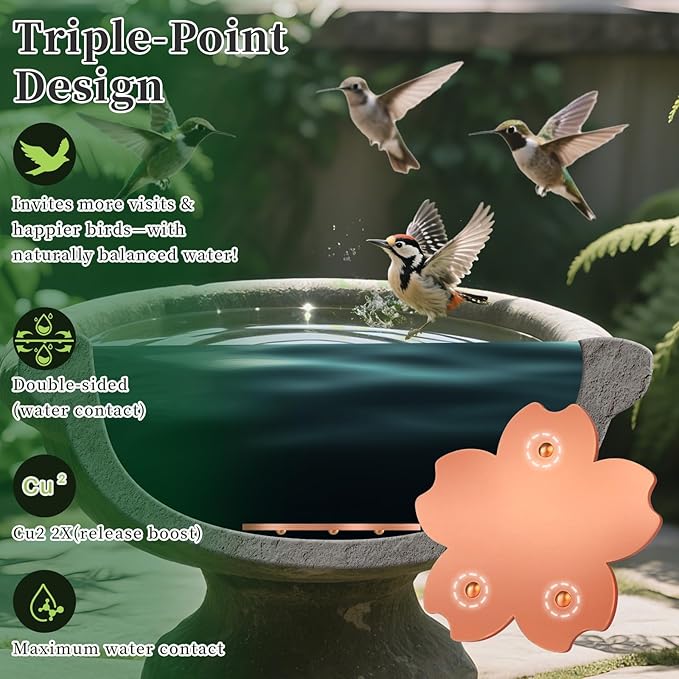 99.99% Pure Copper Bird Bath Disk, Triple-Point Support Design Lower Cleaning Frequency for Physical Safe Water Purify Outdoor Bird Bowls All-Season