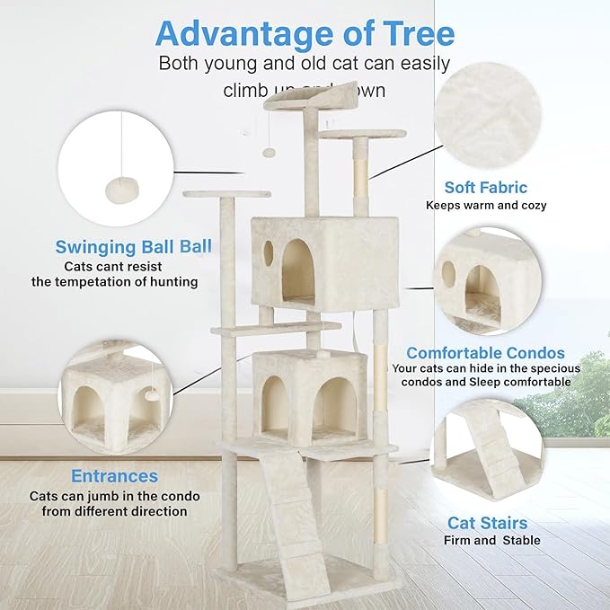 FDW | 81" Cat Tree Tower | Beige | Multi-Level Indoor Activity Center with Sisal Scratching Posts, Condos, Plush Perches, Hanging Cat Toys | Sturdy, Easy to Assemble | for Kittens & Adult Cats
