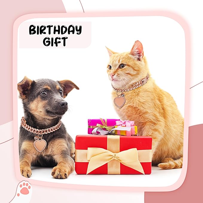 Hillban Dog Chain Gold-Plated Diamond Collar with Heart Rhinestones Jewelry Pet ID Tag Chain Bling Puppy Collar with Personalized Name Tag for Small Medium Large Dog Cat(Rose Gold,10 Inch)