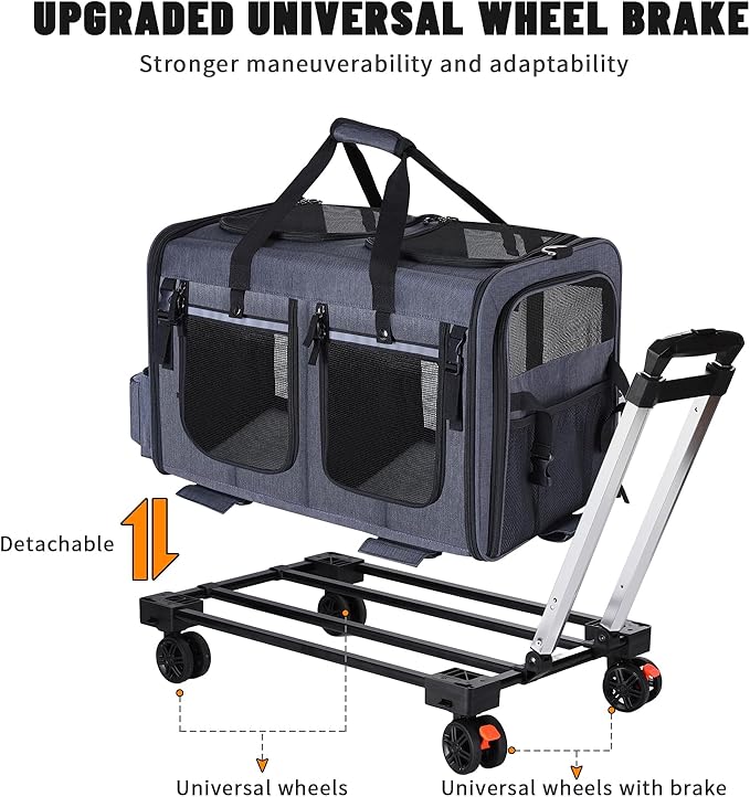 Cat Carrier for 2 Cats,Cat Carrier with Wheels for Cats and Dogs, Foldable Double Pet Carrier, Rolling Dog Carrier with Detachable Wheels and Telescopic Handle,2 Front Zippered Compartments Gray