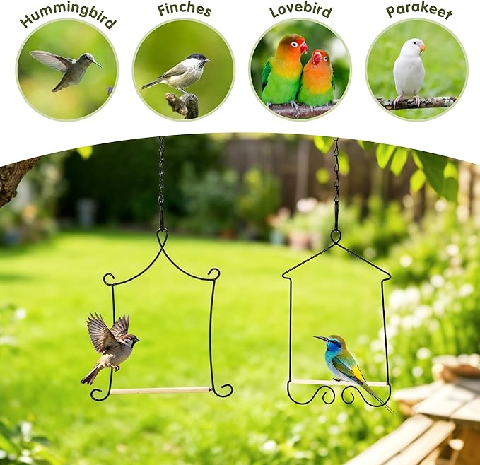 4PK Metal Frame Hummingbird Swings and Perches with Wooden Dowel Black Bird Swing Outdoor Bird Perch Humming Bird Swing
