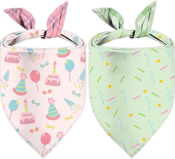 Birthday Dog Bandanas, Double Side All 4 Patterns Reversible Large Pet Bandanas 2 Pack, Celebration Set, Plaid Adjustable Triangle Holiday Pink Green Scarves for Dogs Girl Boy Pets