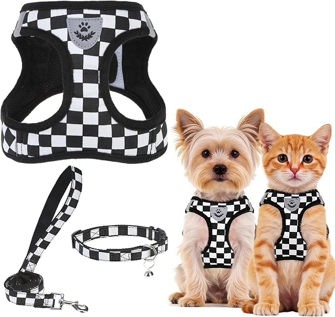 PUPTECK Adjustable Dog Harness Collar and Leash Set Step in No Pull Pet Harness for Small Medium Dogs Puppy and Cats Outdoor Walking Running, Checkered Black&White XS