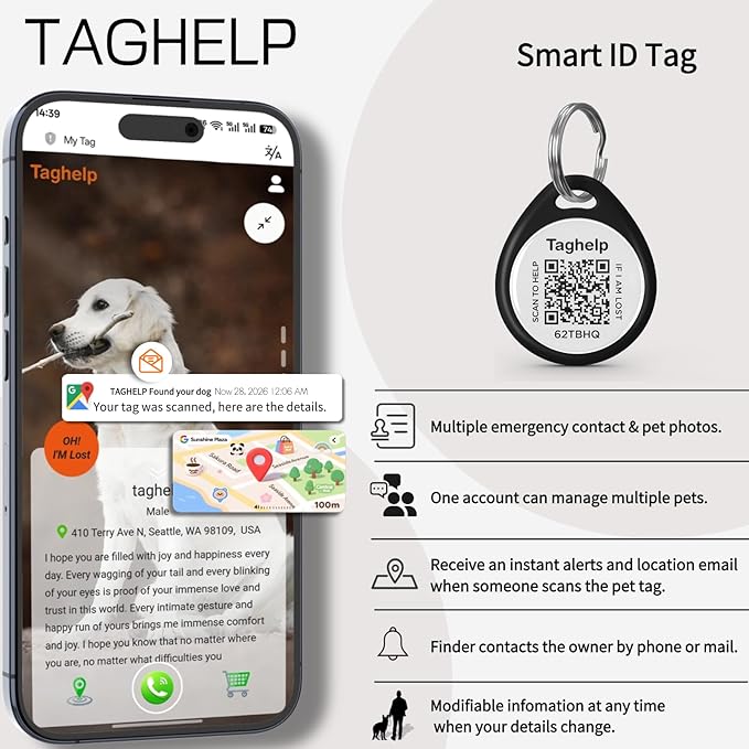 (2 Pack) Smart QR Code ID Dog cat Tags for Collar Personalized for Pet Online Profile - Scan QR Receive Instant Pet Location Alert Email, Anti-Lost,No Subscription fees (Black & Pink, for Dog - 1.2")