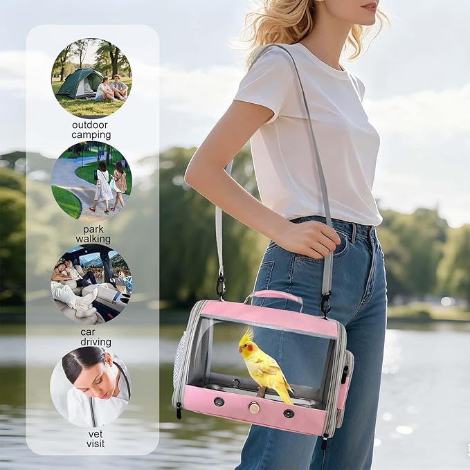 Long Tail Bird Travel Carrier Cage with Tray and Stand Perch, Portable Lightweight Clear Windows Carry Bag for Parakeet Budgies Cockatiel Transport to Vet (Pink, Cylinder Design - Clear)