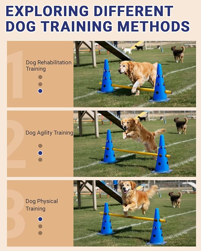 Dog Agility Course Backyard Set, Dog Agility Hurdle Cone Set with Height Adjustable Crossbar for Rehabilitation & Beginners, Dog Agility Equipment for Dog Obstacle Course - 18 Inch