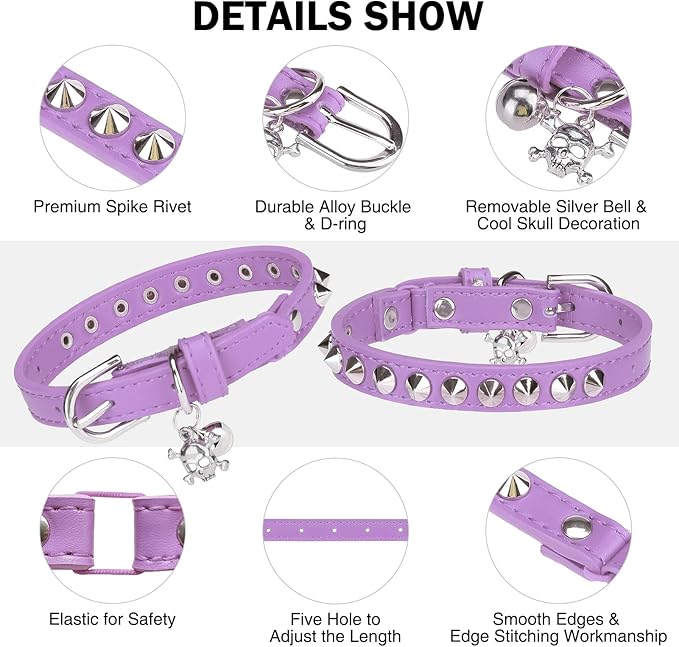 Leather Cat Collars for Boy Girl Cats with Bell and Safety Elastic Belt, Personalized Rivets Stud Adjustable Safe Buckle Collar with Skull Charm for Kitty Small Pets, Halloween Cat Collar