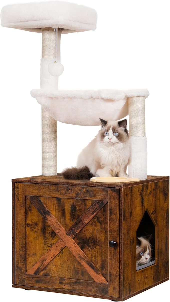 Hey-brother Cat Tree with Litter Box Enclosure, All-in-one Cat Tower for Indoor Cats with Large Hammock, Bed, Food Station, Scratching Posts, Modern Style Pet Furniture, Rustic Brown MPJ100SR