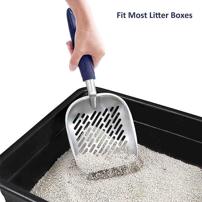 WePet Cat Litter Scoop, Aluminum Alloy Sifter, Kitty Metal Scooper, Deep Shovel with Diagonal Sifting Hole, Long Handle, Kitten Poop Lifter for Litter Box, Medium Size, Blue Handle