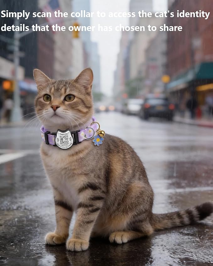 Cute Floral Breakaway Cat Collar with QR Code ID Tag, Soft Cotton Adjustable Kitten Collar with Bell, Personalized Scan ID for Cats, Daisy Pattern, Flower Pendant(Purple)