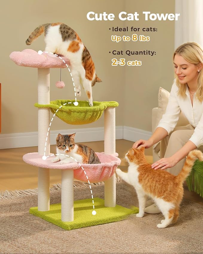 Flower Cat Tree with 2 Large Hammocks, 37.4" Small Cat Tower for Indoor Kitty with 6 Scratching Posts, Cute Cat Tree with Flower Top Perch, Pink