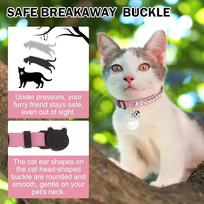 Leather Personalized Breakaway Cat Collar with Studded Bell and Safety Quick Release Buckle - Rivets Studded ID DIY Collars for Boy Girl Cats Kittens, 9" - 11.5" Pink