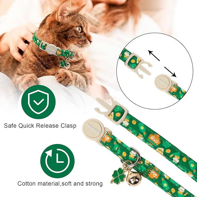 Cat Collar,2 Pack St.Patrick's Day Cat Collars Breakaway with Bell, DOGWONG Safety Buckle Cat Collar Green Trefoil Cat Collar for Girl Boy Cats，Adjustable 7-12 Inch