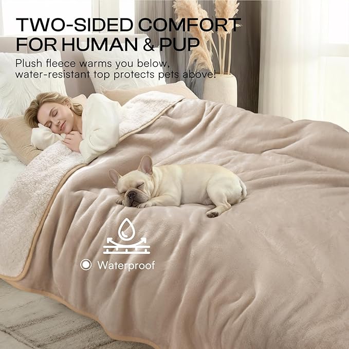 Luciphia Waterproof Pet Blanket, Liquid Pee Proof Dog Blanket for Sofa Bed Couch, Reversible Sherpa Fleece Furniture Protector Cover for Small Medium Large Dogs Cats, Khaki+Beige Small（40" x 28"）