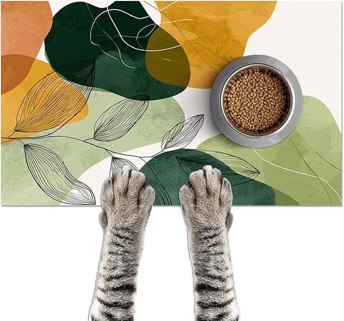 Modern Abstract Leaf Design Pet Feeding Mat 20" x 12" Pet Food Mat Non Slip Mat for Dog Food and Water Bowls Easy Clean Dog Bowl Mats Pets Placemat for Kitchen Pets Feeding Area Decor