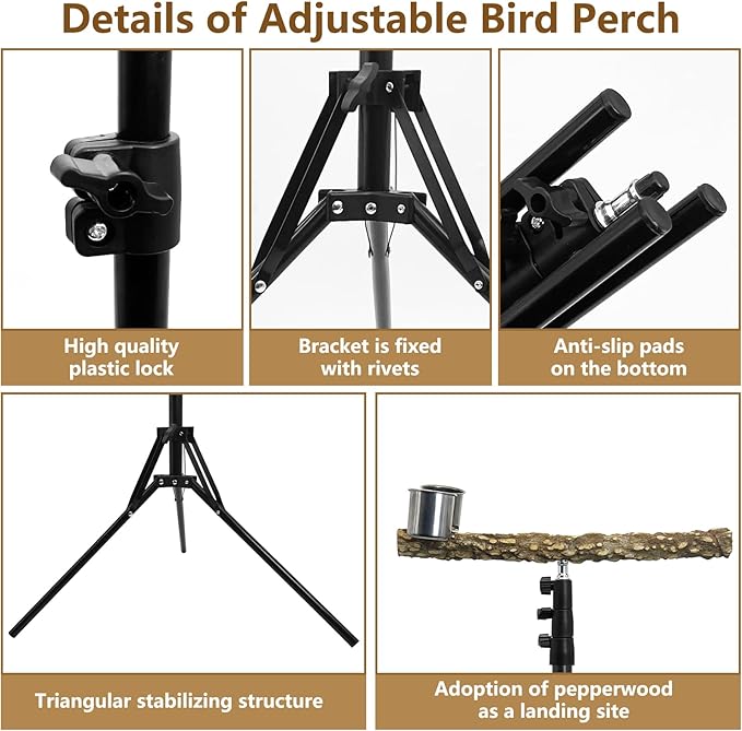 kathson 28-60inches Height Adjustable Bird Perch, Pepperwood Parrot Perch Stand with Feeding Cup, Multi-Purpose Bird Perches for Indoor and Outdoor Use, Designed for Small Medium Birds (3 PCS)