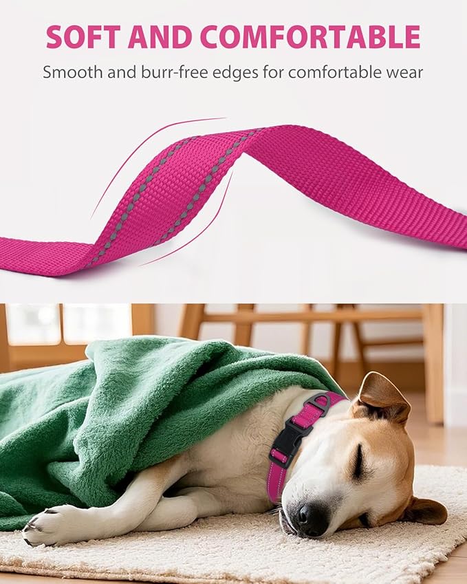Joytale Reflective Dog Collar, Adjustable Nylon Pet Collar with Quick-Release Buckle for Medium Dogs, Hotpink, M