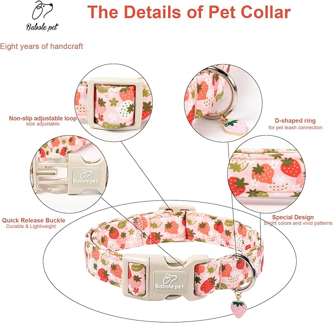 Strawberry Dog Collar for Small Dogs - Cute Spring Pink Dog Collars, Summer Pastel Puppy Collars, Soft Adjustable Boy Girl Dogs Collar with Quick-Release Buckle S