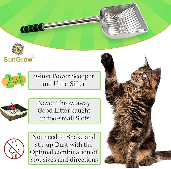 SunGrow Cat Litter Scoop, Stainless Steel Long Handle Chicken Coop Poop Scooper, Comfortable 9” Handle, 5” Wide Mouth, Narrow Slits and High Sides Metal Sifter, for Litter Boxes or Gardening