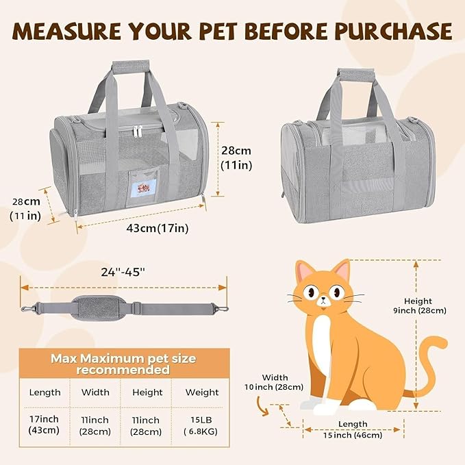 Soft Cat Carrier for Pets Up to 15 lbs, TSA Approved for Airline in-Cabin, Cat Travel Bag with Detachable Cat Food Bowl, Pet Carriers for Small Dogs, Waterproof Travel Puppy Carry, Gray