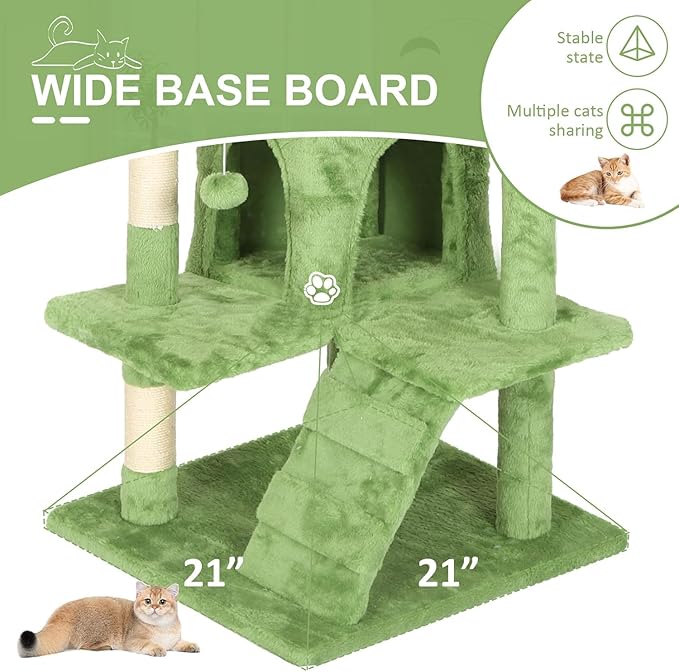 70 Inch Green Cat Tree, Tall Cat Tower with 2 Condos, 3 Scratching Posts, Multi-Level Platforms - Sturdy Climbing Structure Tall Cat Tower for Indoor Cats