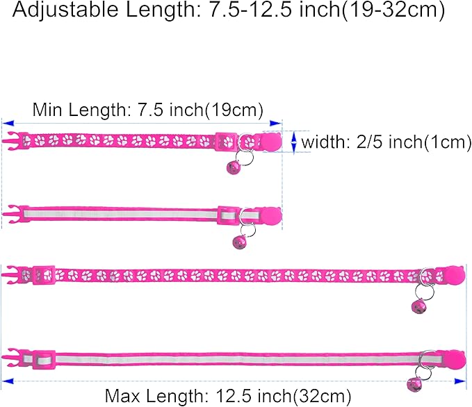 2 Pack Breakaway Cat Collars with Bells, Reflective Design and Claw Print Design, Safety Buckle, Adjustable 7.5-12.5 Inches for Kittens & Cats (Rose)