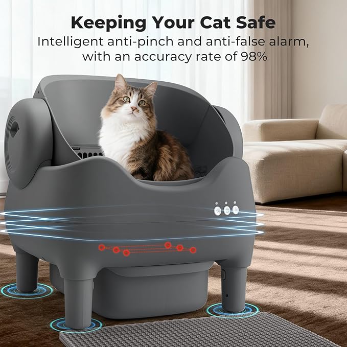 Automatic Cat Litter Box: Self Cleaning Litter Box for Multiple Cats, 10L Waste Drawer with Ultra Quiet Operation, Open Top Design for Multi-Cat Households, Grey