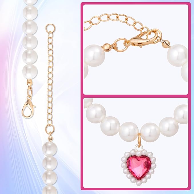 2pcs Cat Dog Pearl Collar, Small Heart Shape Rhinestone Pet Necklace, Adjustable Wedding Party Pet Jewelry Accessories for Puppy Small Cats- Purple & Red