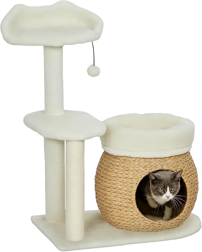 PawHut 31" Cat Tree, Cat Tower for Indoor Cats with Sisal Scratching Posts, Cat Condo, Cat Beds, Platform and Toy Ball, Cat Activity Center, Cream White