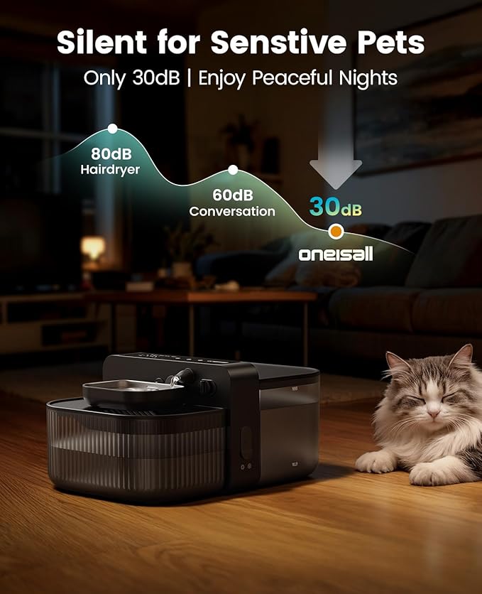 oneisall Wireless Filterless Cat Water Fountain, Separate Clean and Dirty Water Pet Fountain with Stainless Steel Bowl, 3.5L/118oz Quiet No Filter Smart Automatic Cat Water Dispenser Indoor, Black