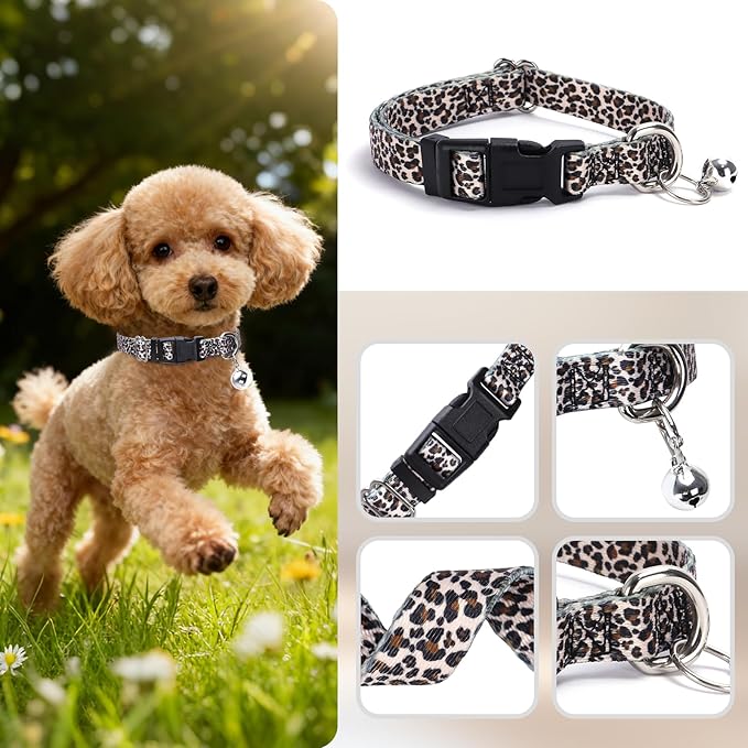Small Dog Collar with Bell，Nylon - Adjustable XXS/XS Tiny Dog & Cat Collar for Small Breeds,Soft Leopard Collar with Quick-Release Buckle（Leopard S）