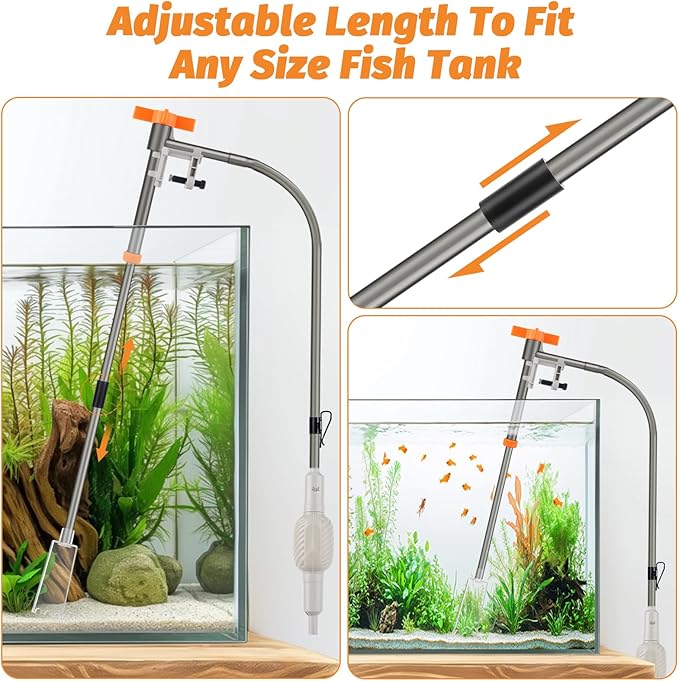 AQQA Aquarium Siphon Vacuum Cleaner Kit with 3 Replaceable Heads, Extra 2-in-1 Algae Scraper Cleaning Brush, Manually Siphon Ball Water Changer, Extendable Length to 38.2In for Fish Tank Cleaning (M)