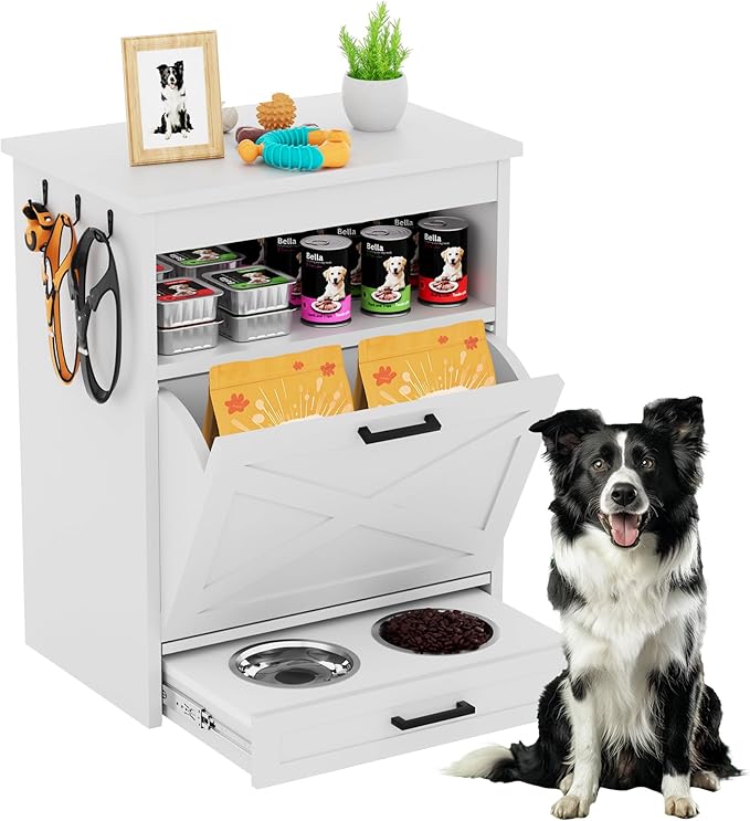 Modern Dog Food Storage Cabinet with 2 Elevated Doggy Bowls, Pet Feeding Station with Organizer, Tilt Out Pet Food Cabinet Furniture, White