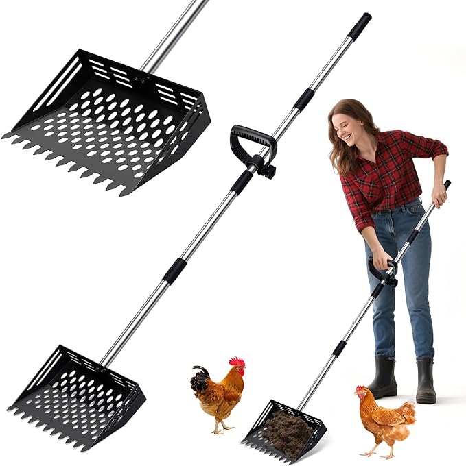Chicken Poop Scooper and Rake, 2-in-1 Metal Sand Sifting Shovel with 24-68 Inch Adjustable Stainless Steel Handle, Cleaning Tools for Outdoor Chicken Coops, Farm Animals House