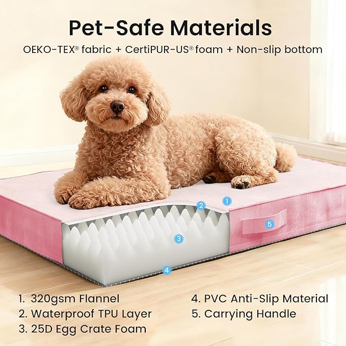 OhGeni Orthopedic Waterproof Dog Bed for Small Dogs, Machine-Washable Removable Cover in Easy-Clean Fabric, High Density Foam & Easy-Carry Handle, Suitable for Crate, 24 inch (Pink)
