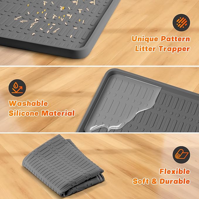 47" x 35" Silicone Cat Food Mat, Waterproof Pet Feeding Mat with Raised Edge, Extra Large Cat Bowl Mat Water Bowl Placemats for Cats, Non-Slip, Protects Floors, Easy to Clean (Dark Gray)