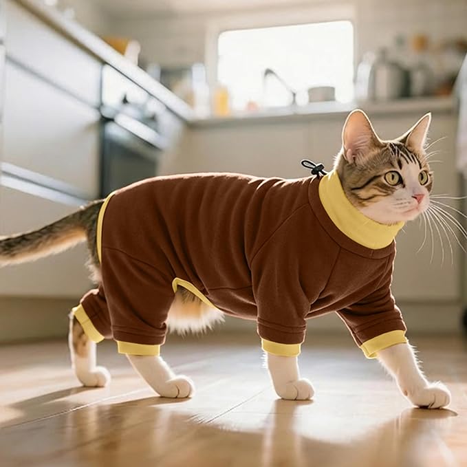 PUMYPOREITY Cat Hair Sticky Shirt – Breathable & Lightweight, Reduces Shedding Fur Pajamas, Prevents Licking Wounds After Surgery, Brown, L