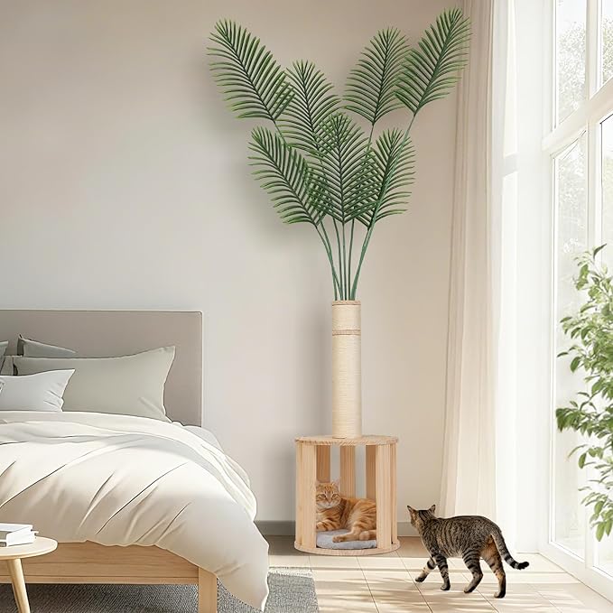 82.7'' Tall Modern Cat Tree for Indoor Cats,Artificial Areca Palm Tree Cat Tower with Solid Wood Cat Bed,Nature Sisal Scratching Post,Removable Mat,Aesthetic Cat Activity Center for Small Medium Cats