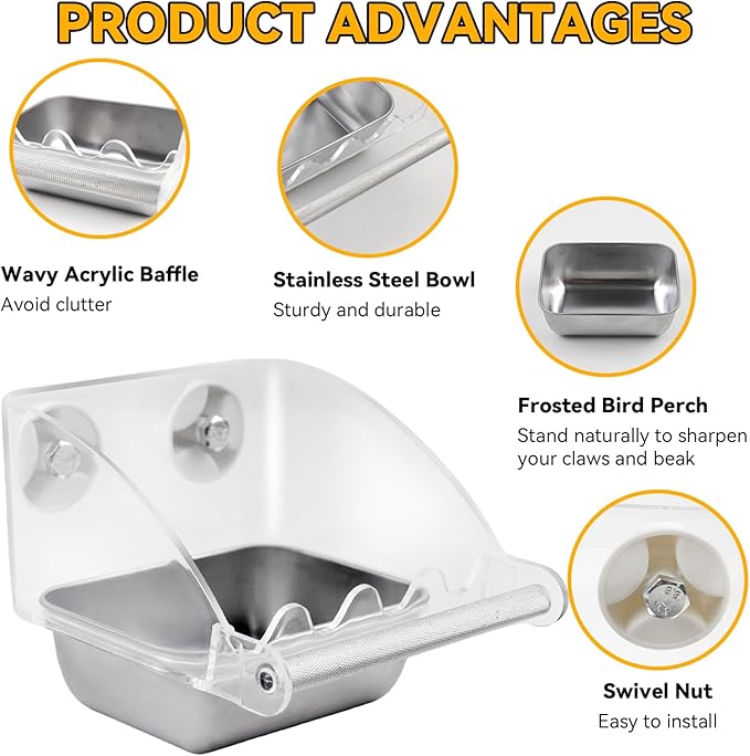 Bird Feeder for Cage,Parakeet Cage Feeder No Mess Bird Dish with Anti-Slip Stand Stainless Steel Parrot Bowl for Small Budgies Finches Canaries Cockatiels Lovebirds