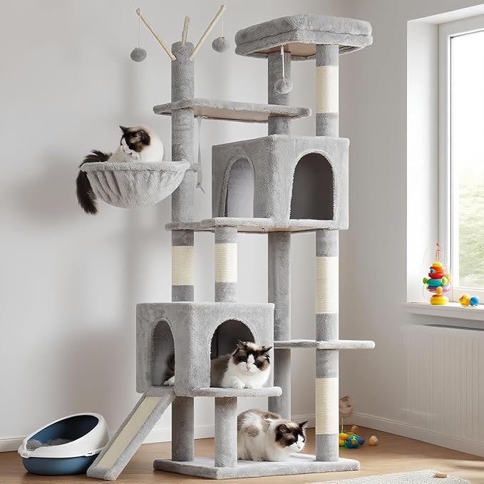 Hey-brother Cat Tree Tower, Sturdy Scratching Posts with Platform, Large Condos, Hammock, Removable Toys, Scratch Board, Multi-Level Furniture for Indoor Cats, 59.0 or 72.8 Inches, Light Gray MPJ055W