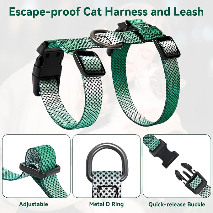 Cat Harness and Leash Set, 3-in-1 Escape Proof Adjustable, Comfortable Soft Lightweight, Safe, Easy to Wear, Walking Travel Kitten Harness for Small Medium Large Cats (Light Green)