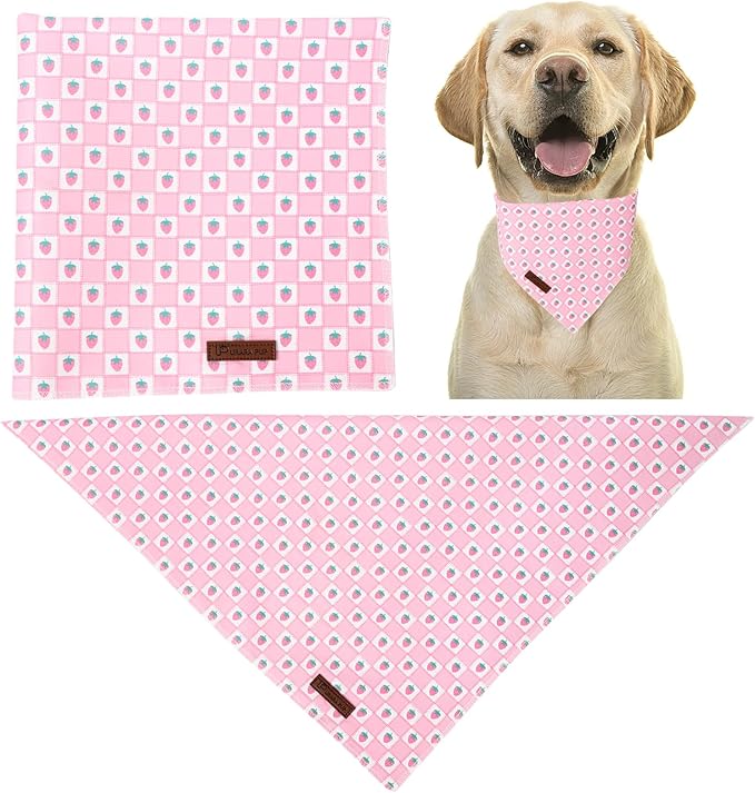 Spring Dog Bandana, UP URARA PUP Strawberry Triangle Bid Scarf for Medium Large Dogs, Cotton Kerchief for Girl Boy Puppies, Cute Spring Pink and White Bandana,L